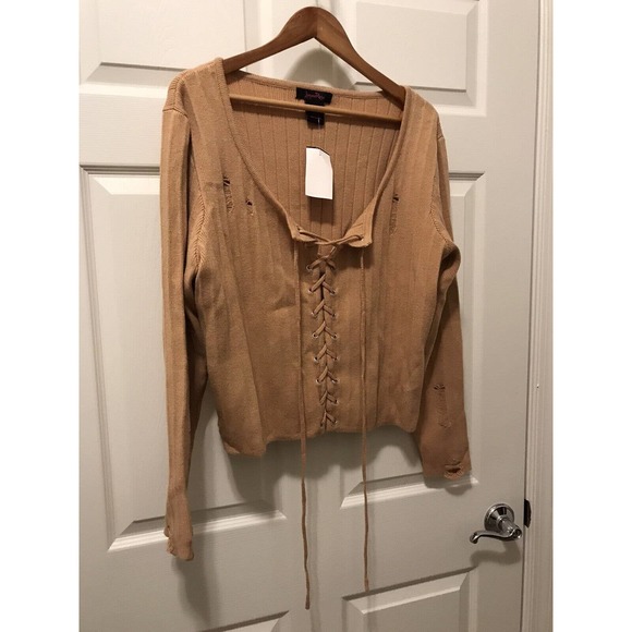 Sexy Distressed Sweater Plus 2X, Light Gold Mustard, Low Cut - Picture 9 of 16